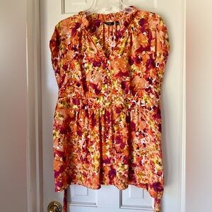 Women’s Size XL Orange Floral Patterned Blouse with back tie sash